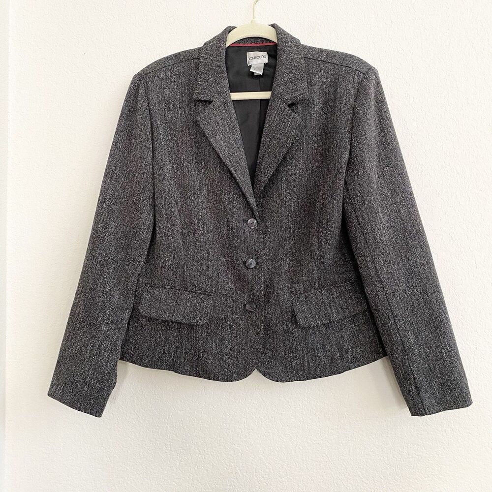 Chico’s Women’s Black Tweed Three Button Blazer Front Pockets Chicos Size 1 US 8
